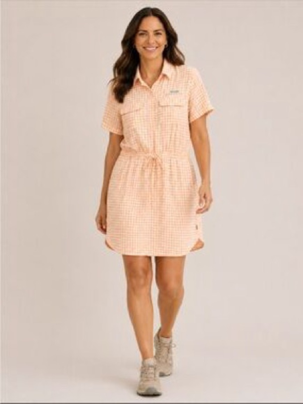 Magellan Outdoors Peach Gingham Short Sleeve Shirt Dress